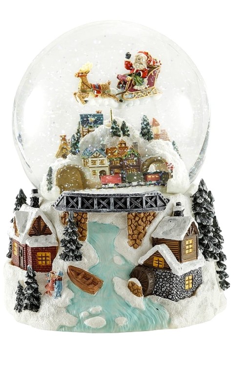 Kula świąteczna z pozytywką, Mikołajem w saniach, świecąca