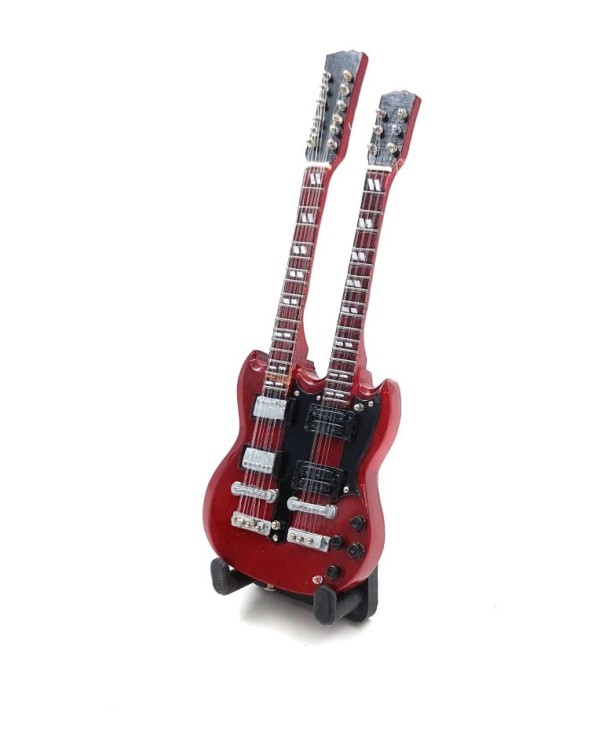 Model mini gitary 15 cm ze stojakiem, ciekawy prezent dla miłośnika gitar i klasycznej muzyki rockowej.