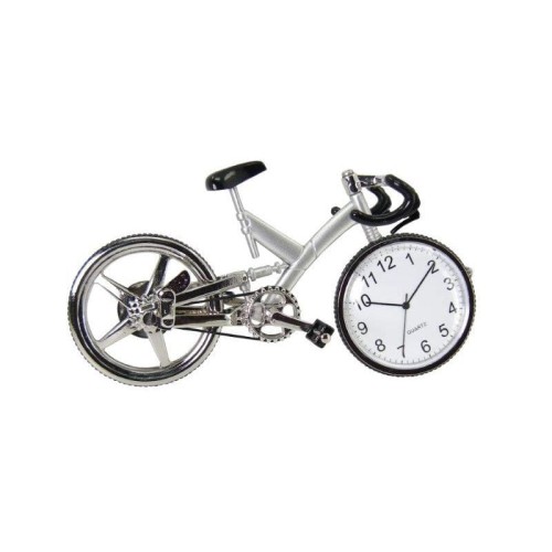 Metalowy model roweru górskiego z wbudowanym zegarkiem to dekoracja na biurko dla kolarza i rowerzysty.