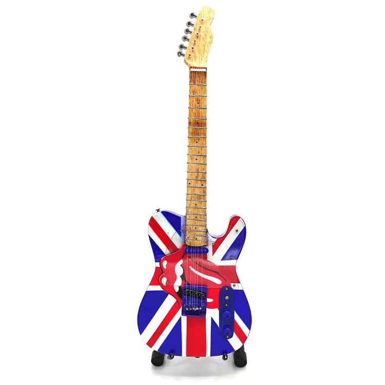 Mini gitara z drewna mahoniowego ma około 27,5 cm wysokości i dekoracyjne rockowe wykończenie.