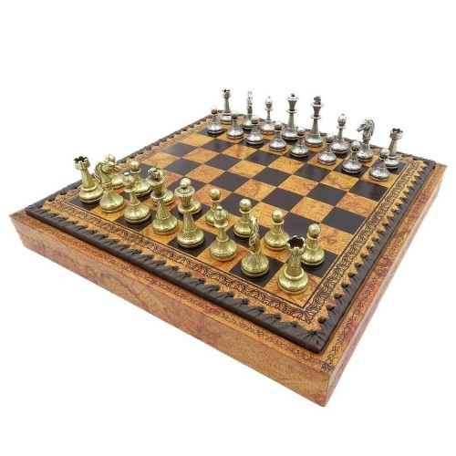 Szachy Italfama N035 28 × 28 cm z metalowymi figurami i szachownicą stylizowaną na starą mapę