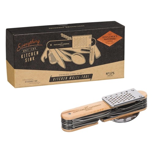 Multitool kuchenny 12w1 Gentlemen's Hardware z drewnianą oprawą, praktyczny zestaw na biwak, kemping i podróż.