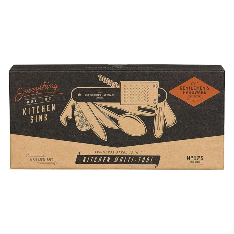 Turystyczny multitool kuchenny 12w1 z wieloma funkcjami, pomysłowy prezent dla podróżnika, biwakowicza i kucharza.