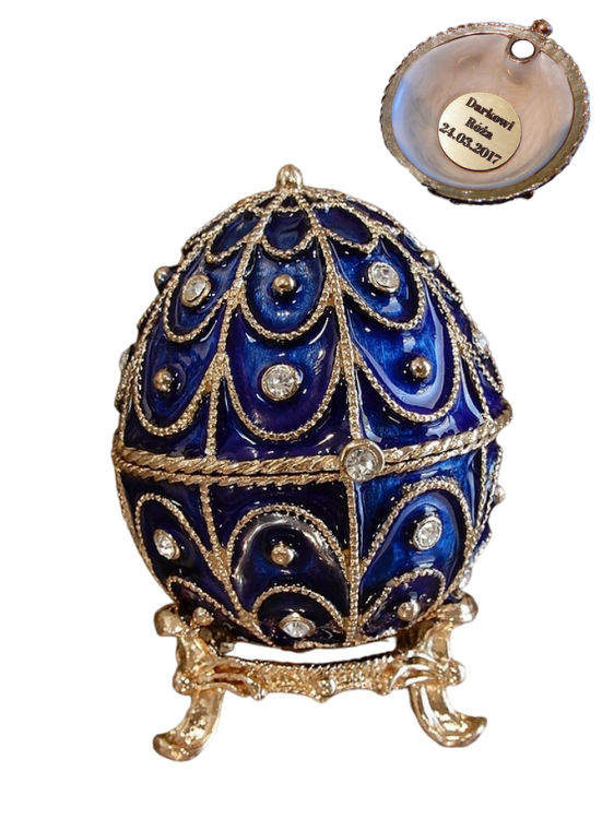 Granatowa szkatułka jajko w stylu Fabergé z kryształkami, dekoracyjne pudełeczko na pierścionek lub biżuterię
