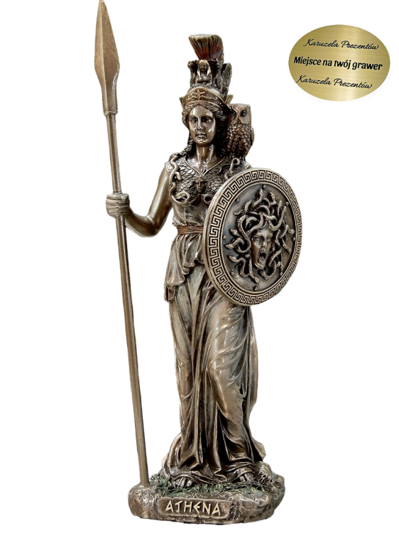 Atena bogini mądrości i wojny z tarczą, włócznią i sową, elegancka figurka dla miłośnika mitologii greckiej.