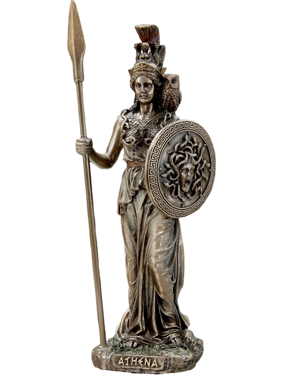 Figurka Ateny z włócznią, tarczą i sową, elegancka dekoracja inspirowana mitologią grecką i światem antyku.