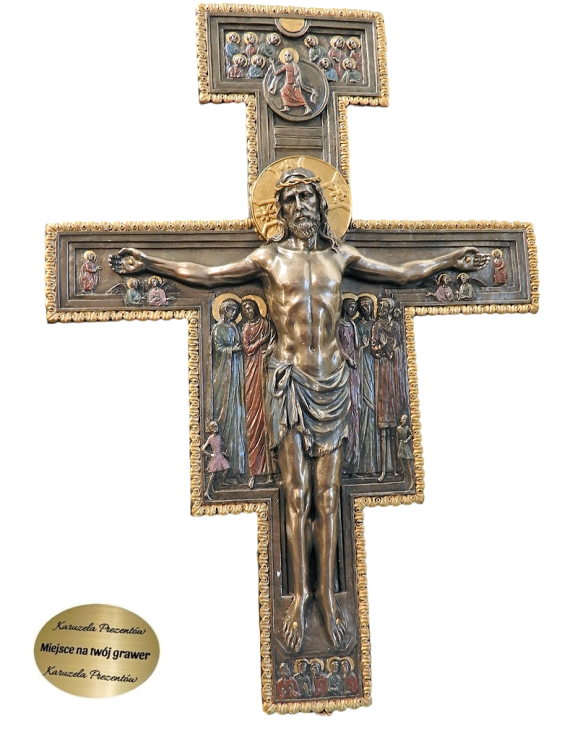 Krzyż z San Damiano Veronese z bogatą ikonografią i postacią Ukrzyżowanego Chrystusa w wyjątkowym wykonaniu