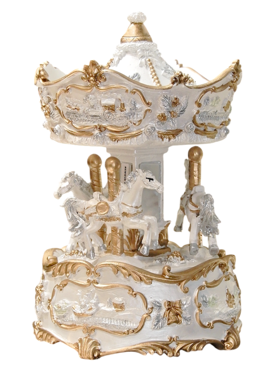 Karuzela z pozytywką dekoracyjna w bieli i złocie, elegancki prezent dla kolekcjonera