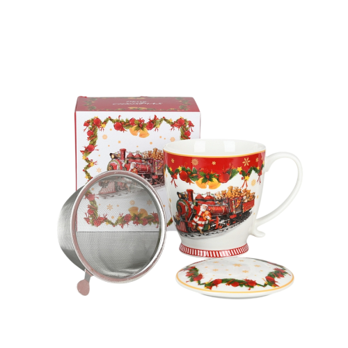 Porcelanowy kubek 460 ml z Mikołajem na lokomotywie, sitkiem i pokrywką na świąteczną herbatę.