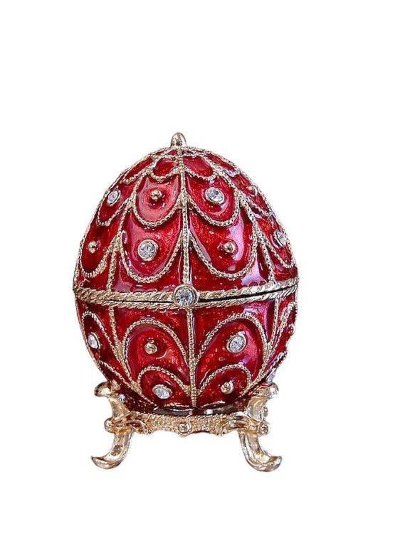Czerwona szkatułka jajko w stylu Fabergé z kryształkami, dekoracyjne pudełeczko na pierścionek lub biżuterię