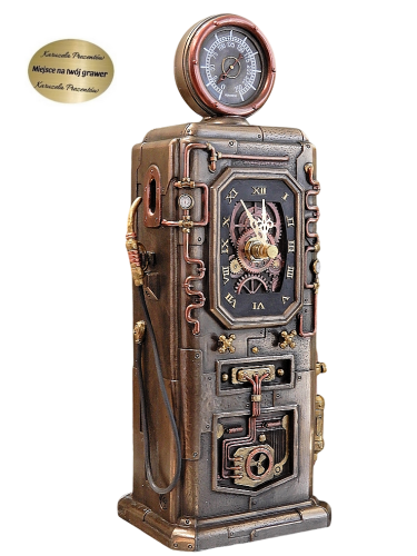 Zegar w formie dystrybutora paliwa steampunk do gabinetu kierownika stacji benzynowej.