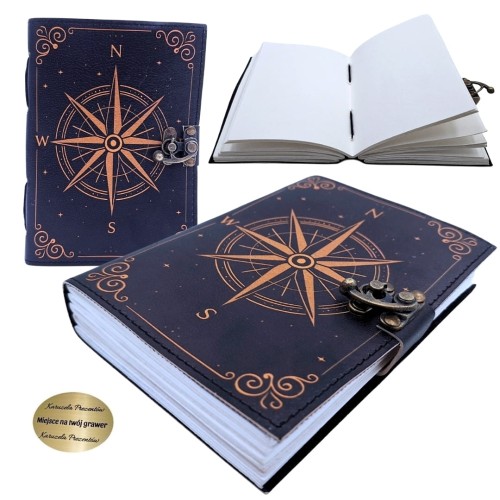 kórzany notes z różą wiatrów – granatowa okładka ze złotym nadrukiem w stylu retro
