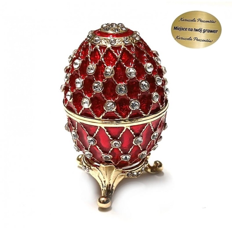 Szkatułka w stylu jaja Fabergé z czerwonej emalii na złoconej podstawie