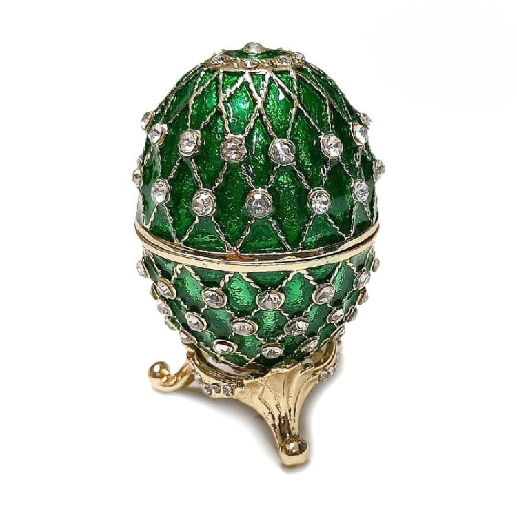 Zielona szkatułka w stylu Fabergé z kryształkami, eleganckie opakowanie na pierścionek lub obrączki
