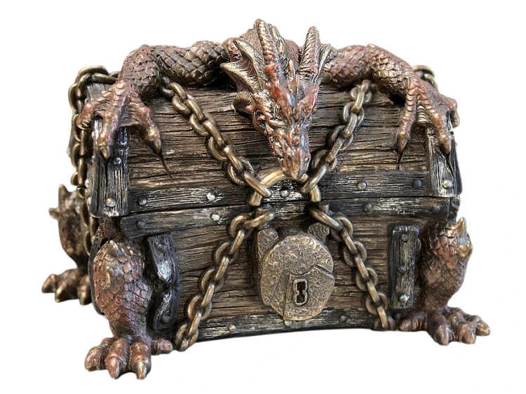 Szkatułka fantasy Veronese w formie skrzyni oplatanej przez smoka i łańcuchy, prezent dla fana RPG