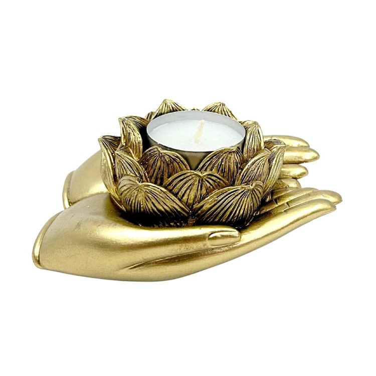 Złoty świecznik w kształcie dłoni z lotosem dla miłośniczki relaksu