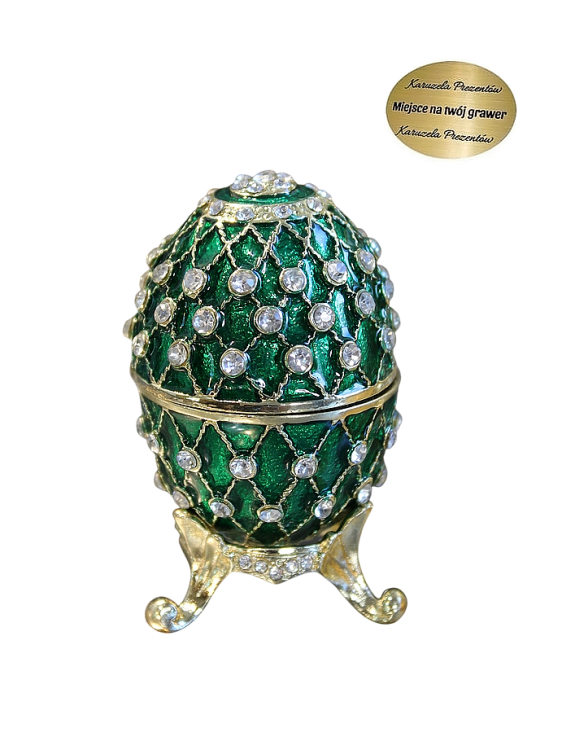 Szkatułka Fabergé zielona z kryształkami na złoconej podstawie, prezent dla kobiety