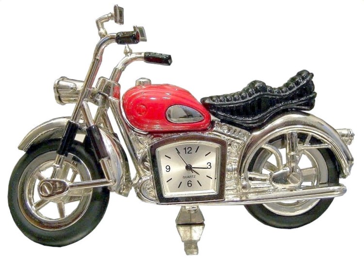 Metalowy motocykl z zegarem i ruchomymi kołami, idealny dla kolekcjonera