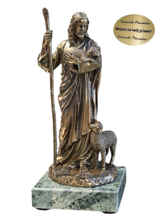 Jezus Chrystus dobry pasterz, figurka na prezent na marmurowej podstawie z dedykacją