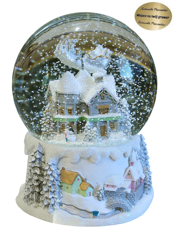 Kula śnieżna z pozytywką zimowy dom i sanie Mikołaja dekoracja świąteczna