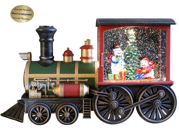 Lokomotywa świąteczna z bałwankami i choinką dekoracja LED z pozytywką