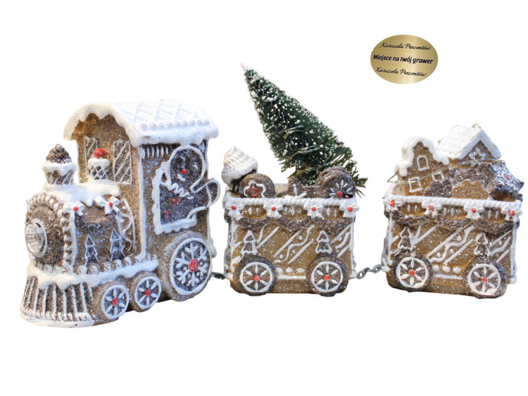 Świąteczny pociąg z piernika z domkami i choinką efektowna dekoracja świąteczna