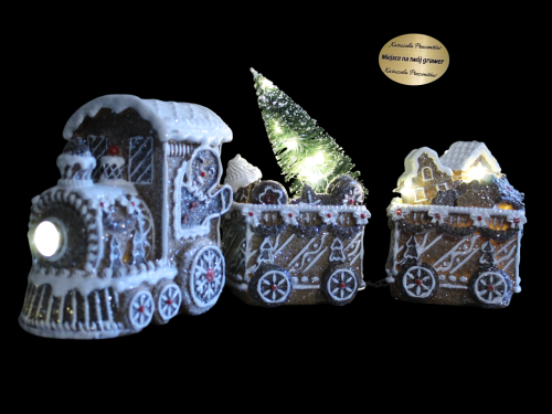 Świąteczny pociąg z piernika z choinką i domkami podświetlana dekoracja do domu