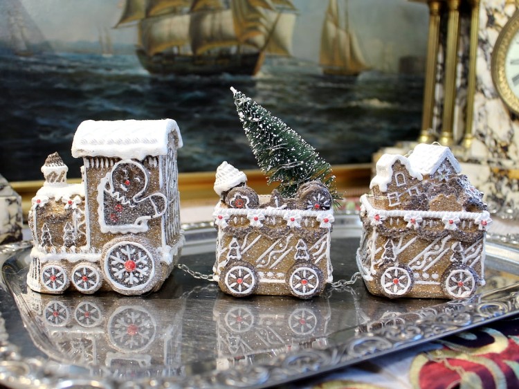 Pociąg bożonarodzeniowy z piernika z choinką i światełkami LED ozdoba świąteczna