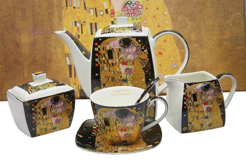 Porcelanowy serwis kawowy Klimt Pocałunek dla 6 osób z dzbankiem, mlecznikiem i cukiernicą