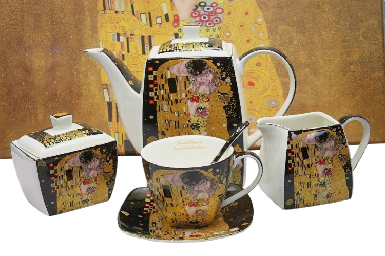 Porcelanowy serwis kawowy Klimt Pocałunek dla 6 osób z dzbankiem, mlecznikiem i cukiernicą