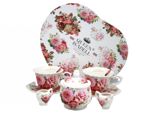 cukiernica mlecznik dwie filiżanki łyżeczki porcelana motyw róże na prezent