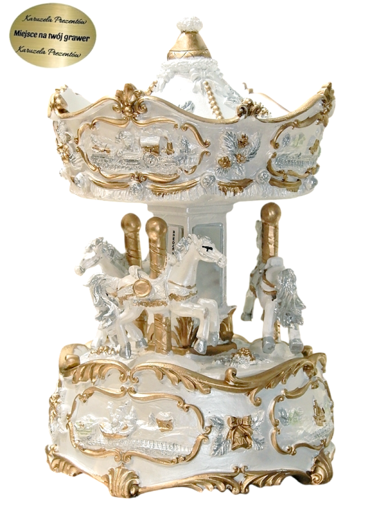 Świąteczna karuzela z pozytywką biało-złota, piękna ozdoba i pamiątka dla dziecka lub kolekcjonera