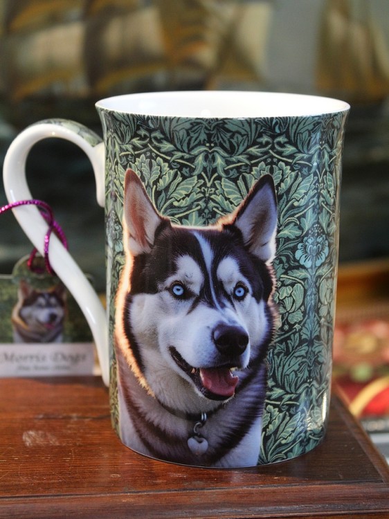 Realistyczny portret Husky o jasnych oczach na tle roślinnym