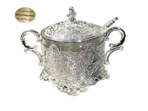 Posrebrzana cukiernica z łyżeczką na cukier do eleganckiego podania