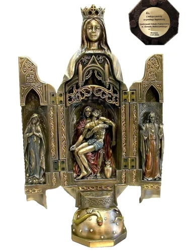 Tryptyk figurka matki Boskiej, ołtarz podróżny, zdjęcie Chrystusa z krzyża.