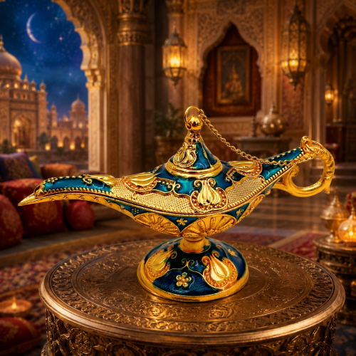 Orientalna lampa Alladyna na półkę, biurko lub komodę dla miłośnika magicznych ozdób
