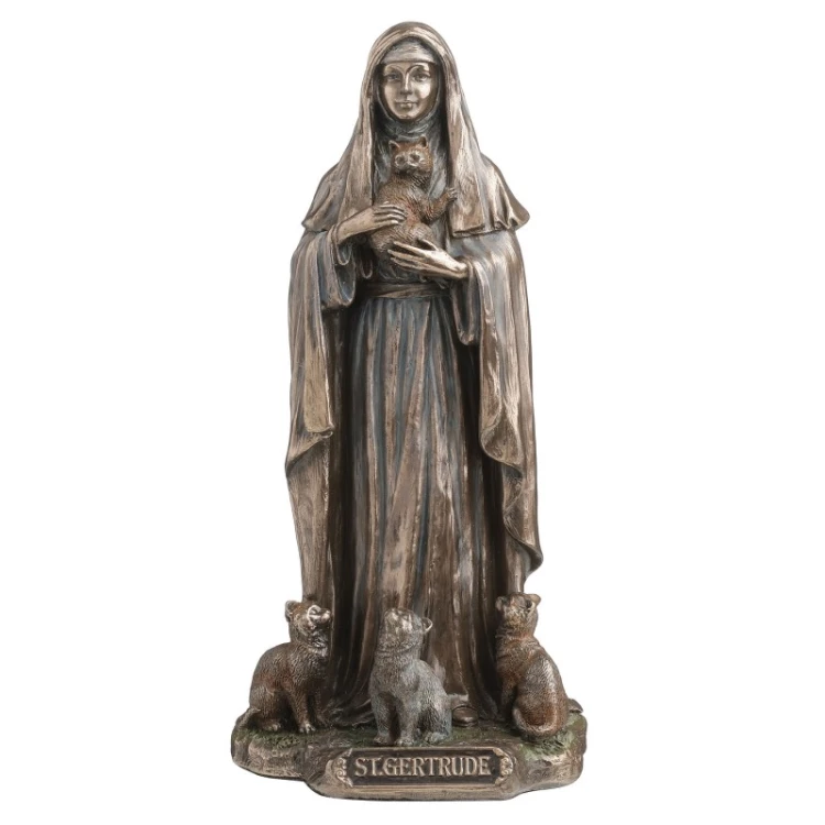 Figurka Świętej Gertrudy z Nivelles z kotami dla miłośnika kotów, opiekuna zwierząt i kolekcjonera religijnych rzeźb