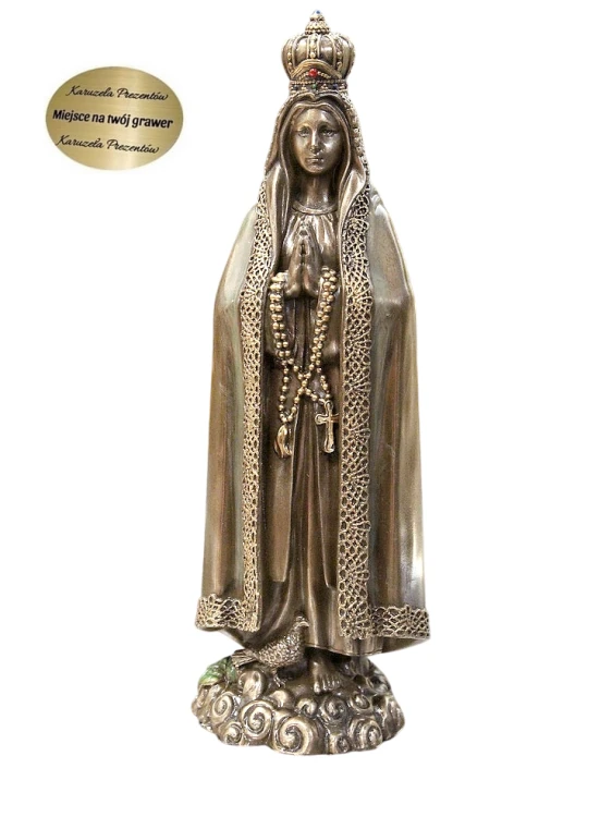 Figurka Matki Bożej Fatimskiej z różańcem i koroną, religijna dekoracja do domu i wyjątkowy prezent dla bliskiej osoby.