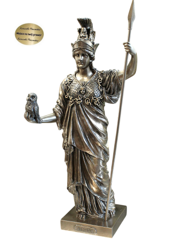 Figurka Ateny z włócznią i sową trzymaną na dłoni, elegancka dekoracja inspirowana mitologią grecką.