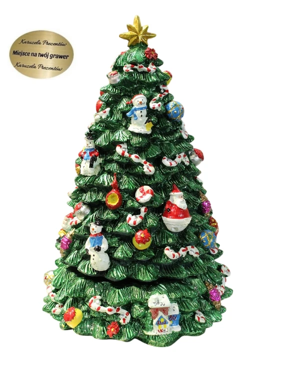 Świąteczna choinka z pozytywką ozdobiona bombkami, Mikołajami i bałwankami