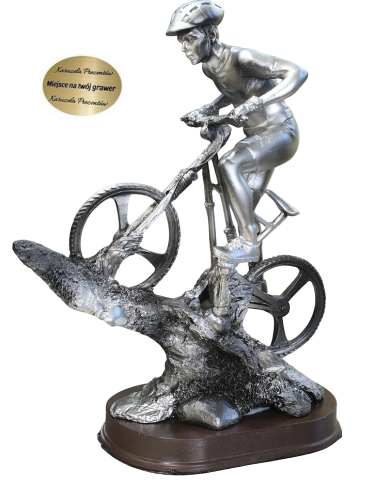Statuetka kolarza MTB na rowerze górskim srebrne trofeum sportowe