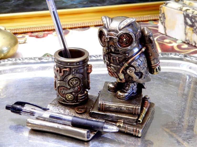 steampunk Przybornik na biurko dla nauczyciela sowa