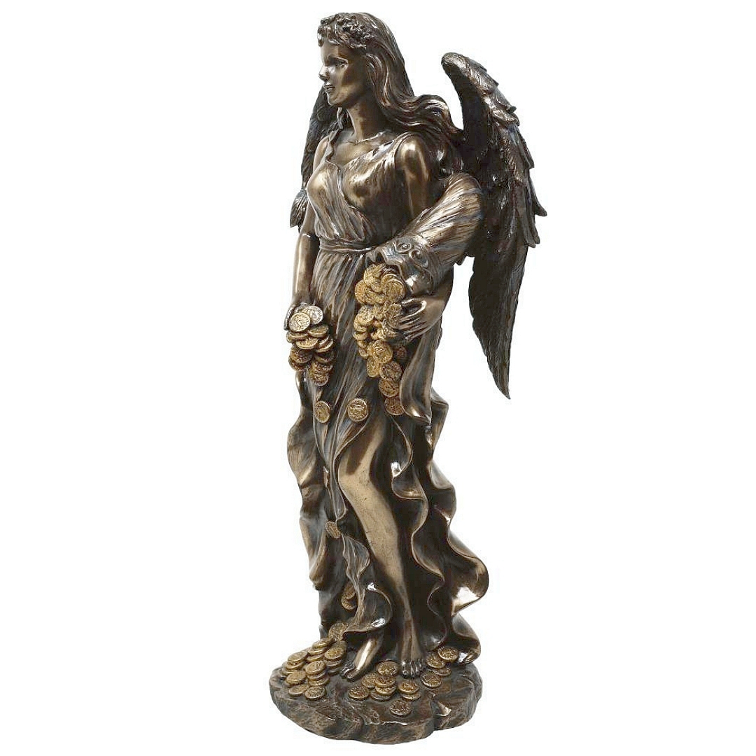 Stylowa figurka skrzydlatej bogini Fortuny z monetami do gabinetu
